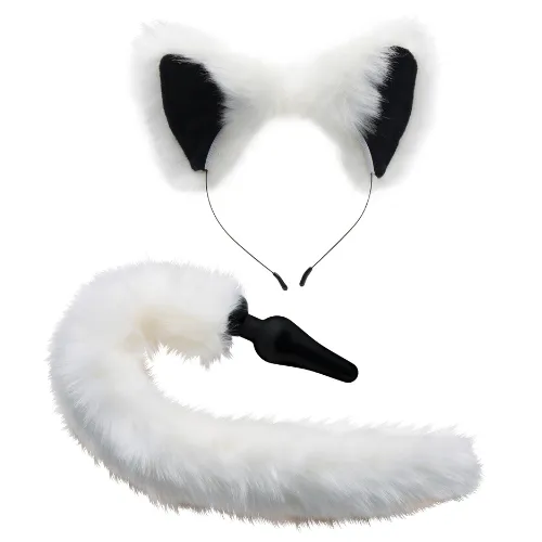 Anal Tailz White Fox Tail Butt Plug with Ears Set White